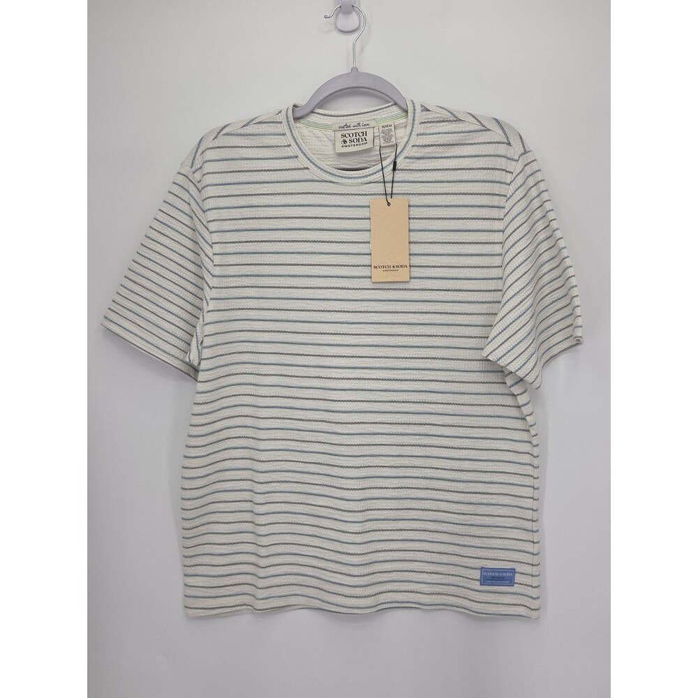 New Scotch & Soda Seersucker Texture Stripe T Shirt Men Medium White Blue Cotton